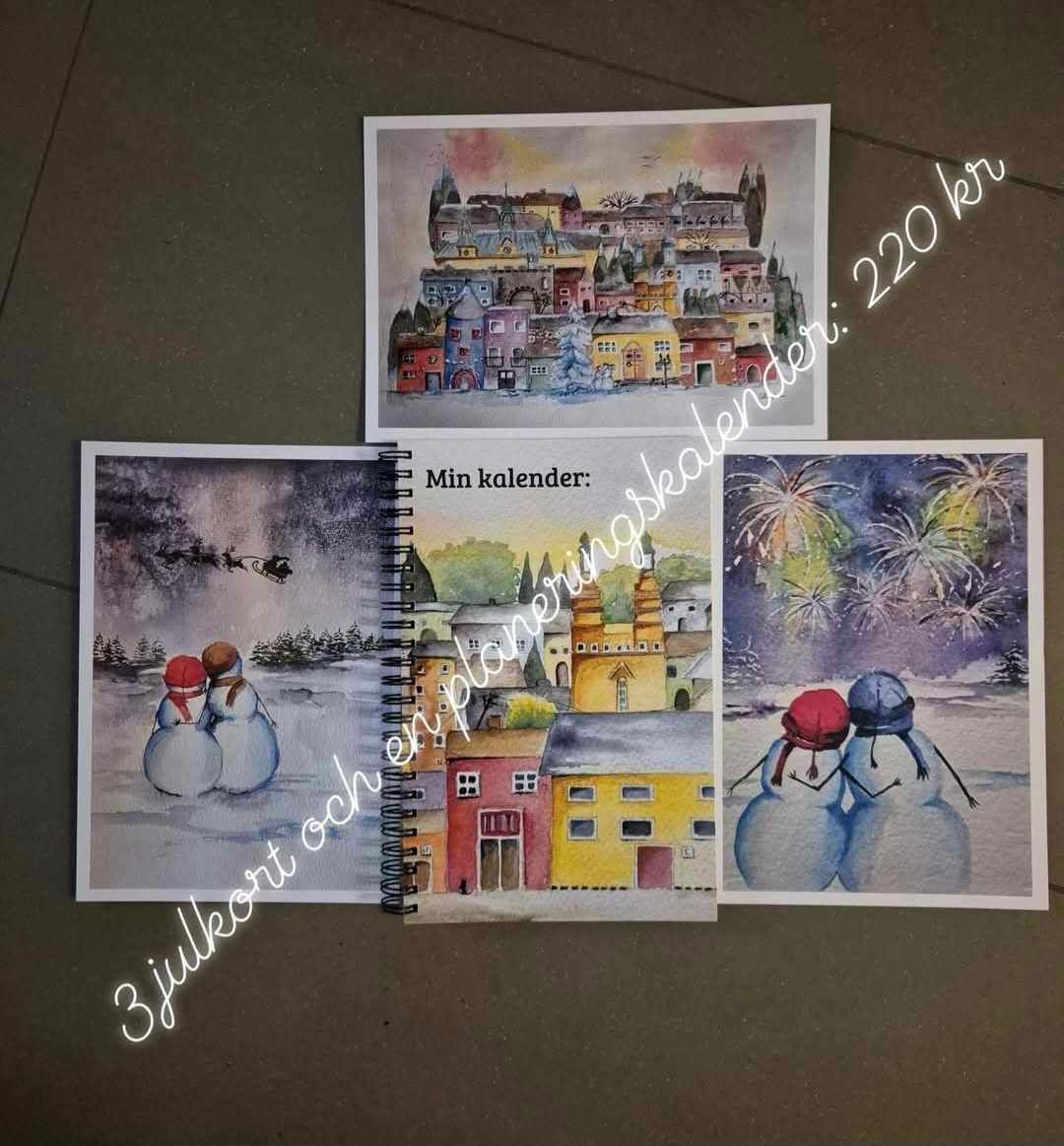 Erbjudande innan jul:
1) planeringskalender och tre julkort 220 kr
2) väggalmanacka och tre julkort, 250 kr