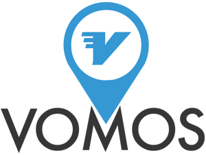 Vomos logo with blue map pin and stylized blue V above black wordmark