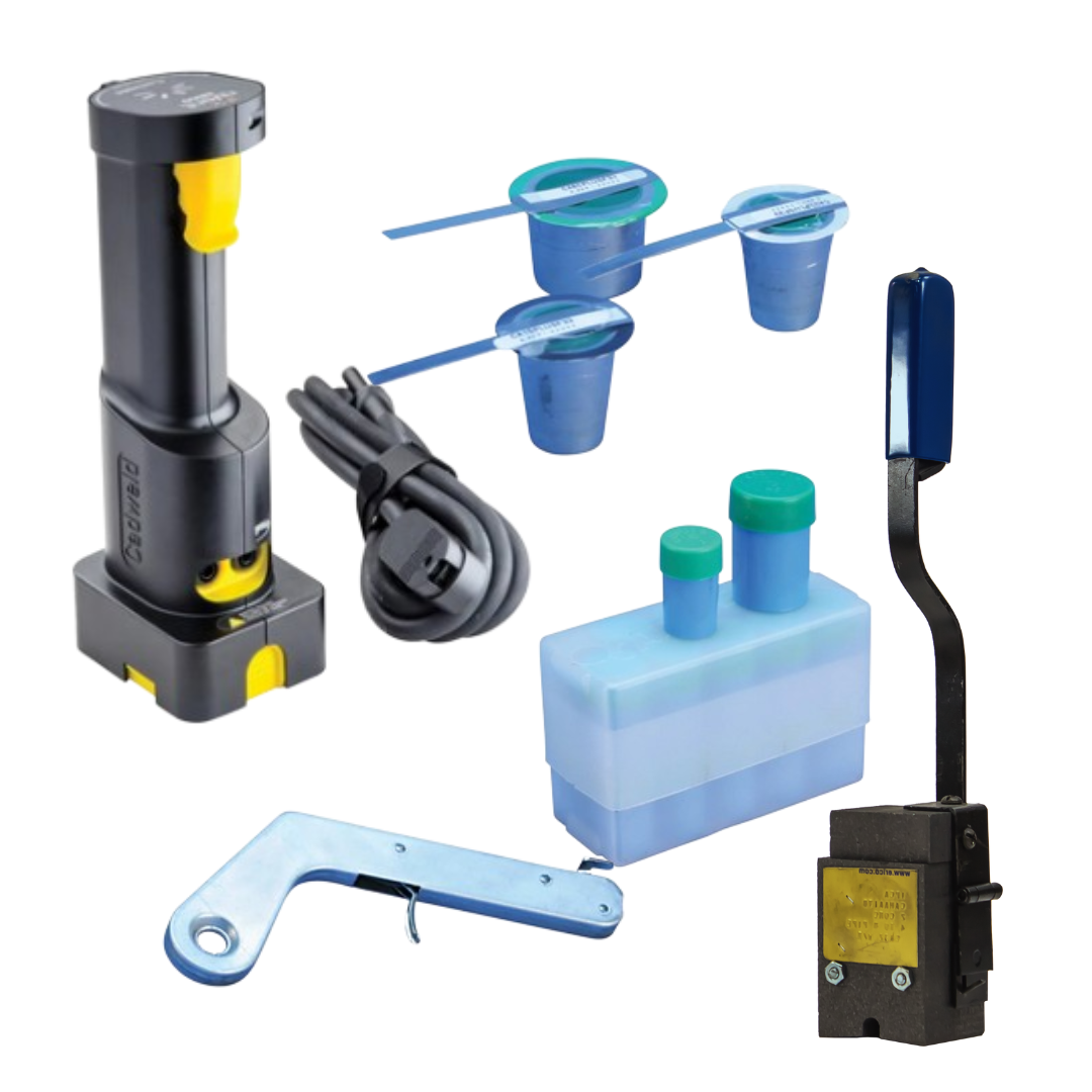 Various tools and materials used to thermoweld cables to pipeline. Cadweld products are featured.