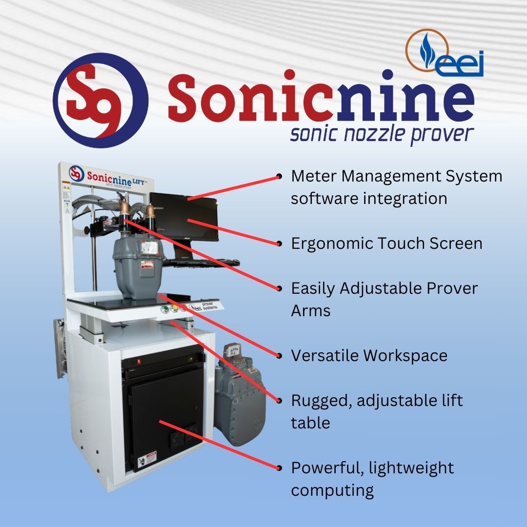 A sonic nozzle prover with a computer screen, controls, and electrical components, likely for quality testing in a warehouse setting.