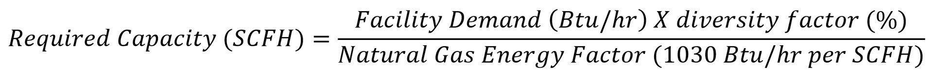 Formula for required capacity calculation, including factors and units.