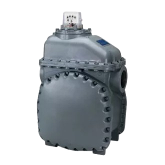 Gray industrial AL2300 gas meter with a bolted circular cover and a display on top.