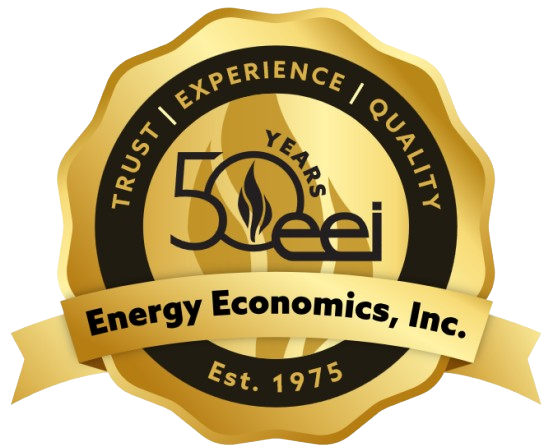 Gold seal logo for Energy Economics, Inc. celebrating 50 years, with text 