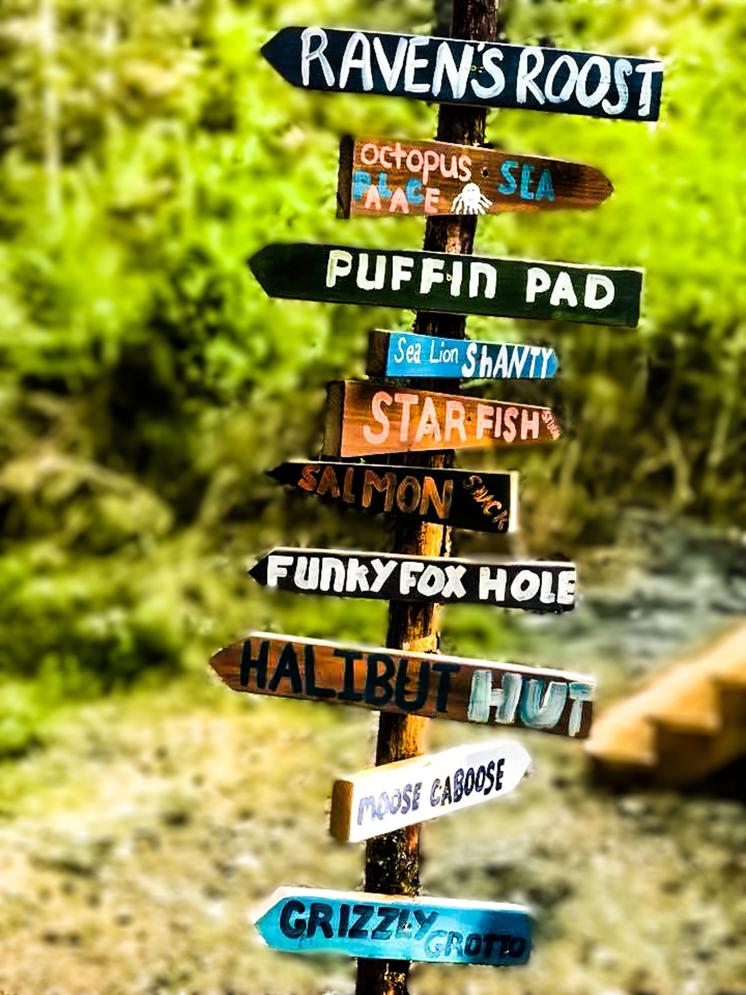 Wooden signpost with various names pointing different directions: Raven's Roost, Octopus, Puffin Pad, Star Fish, Funky Fox Hole, Halibut Hut.
