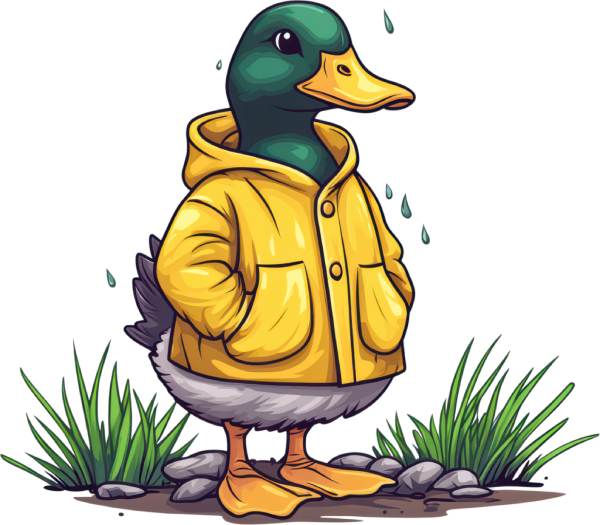 Duck wearing a yellow raincoat standing in the rain with green grass and rocks.