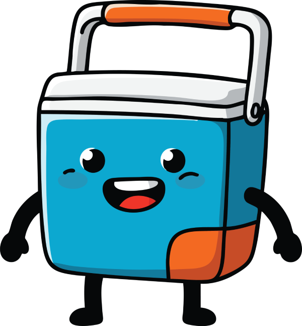 Blue and orange cooler with a smiling face, black limbs, and a white handle.