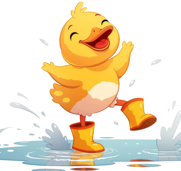 Yellow duckling wearing yellow rain boots, splashing in a puddle and laughing.