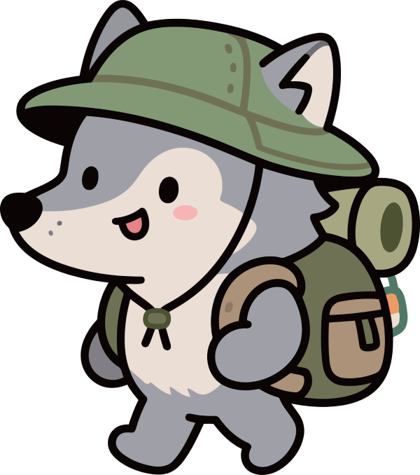 Cartoon wolf wearing a green safari hat and backpack, hiking.