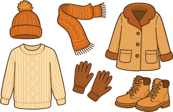 Orange winter clothing set: hat, scarf, sweater, coat, gloves, and boots.