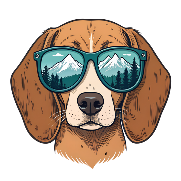 Beagle wearing teal sunglasses reflecting snow-capped mountains and pine trees.