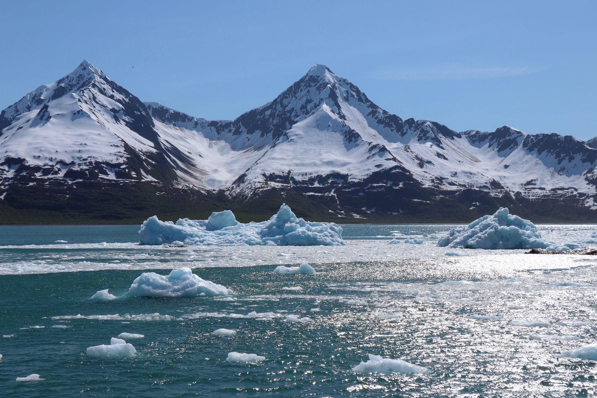 Jagged, snow-capped mountains rise above a glacial bay filled with floating ice fragments under a bright blue sky.