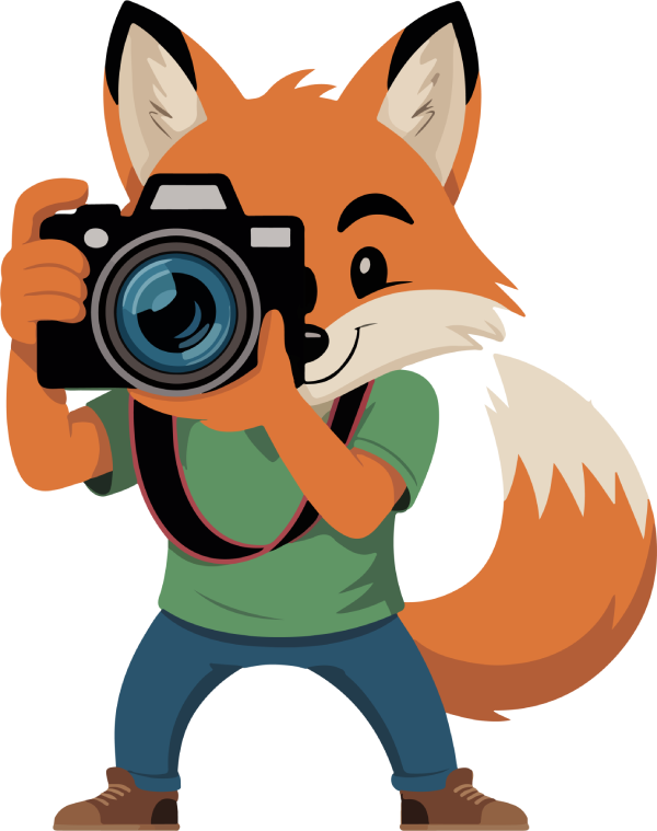 Fox holding a black camera, taking a photo. Wearing a green shirt and blue jeans.otter logo