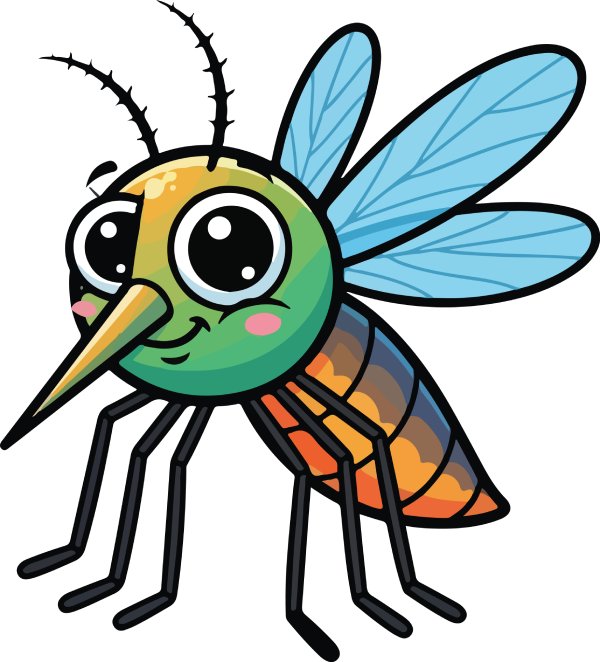 Cartoon mosquito with large eyes, green head, orange body, and blue wings. Smiling.