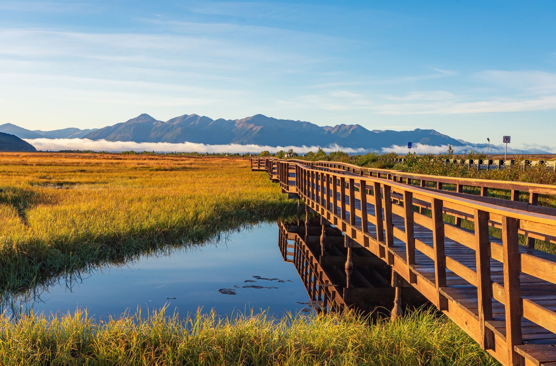 A wooden boardwalk winds through golden marshland under a blue sky, with a range of distant mountains on the horizon.