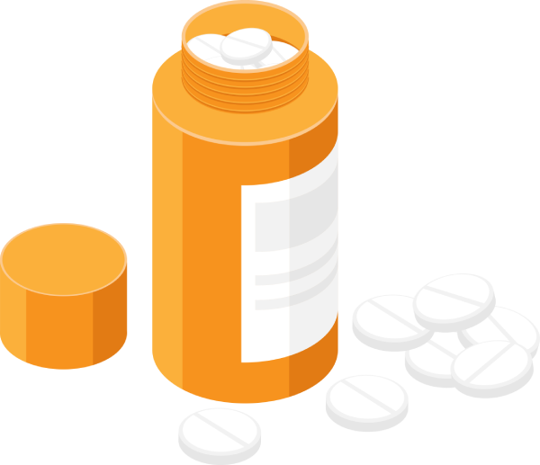 Orange pill bottle with white pills and its lid lying beside it.