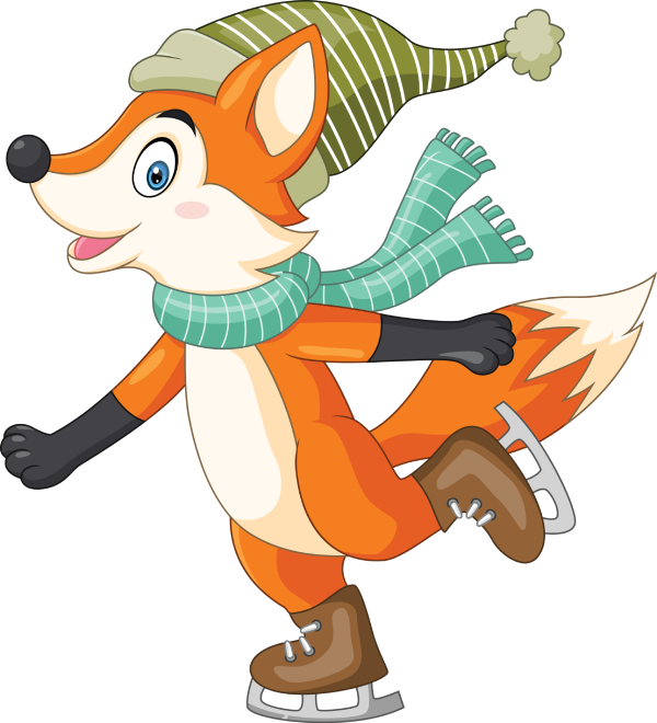 Cartoon fox wearing a hat and scarf ice skating. Orange fur, black gloves, and brown boots.