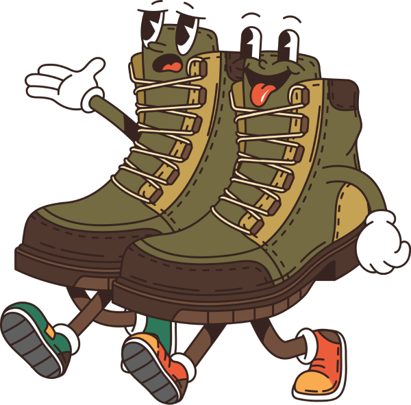 Two animated hiking boots with arms and legs, one with a worried expression, the other sticking its tongue out, walking.