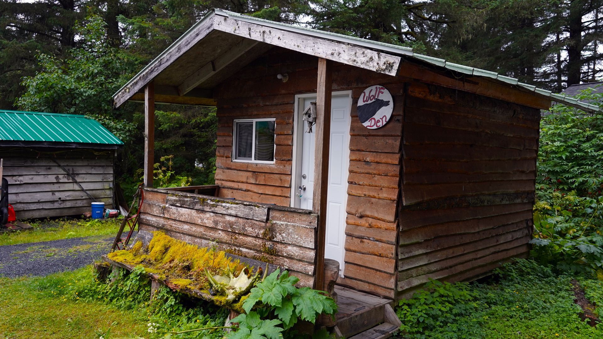 Small wooden cabin with weathered planks, porch, and a partially obscured door, surrounded by green foliage.