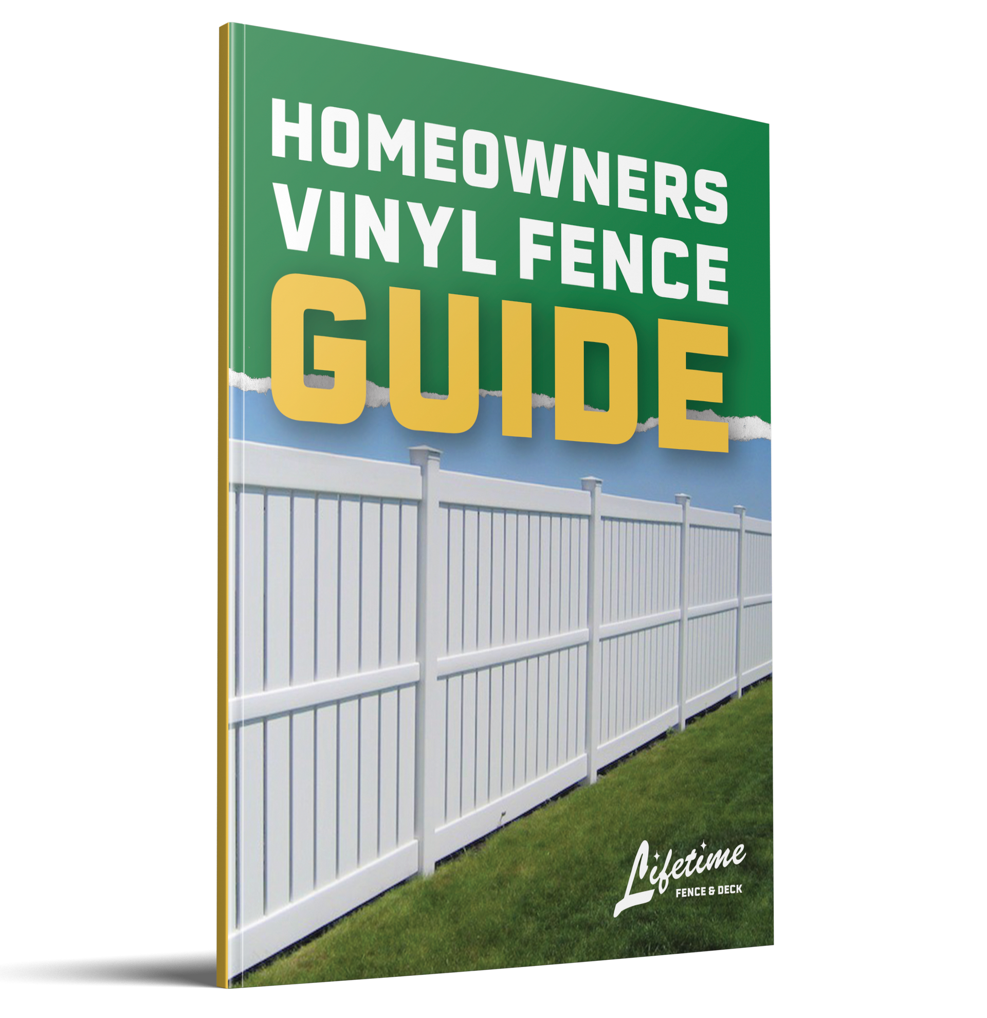 A homeowners vinyl fence guide has a picture of a white fence on the cover