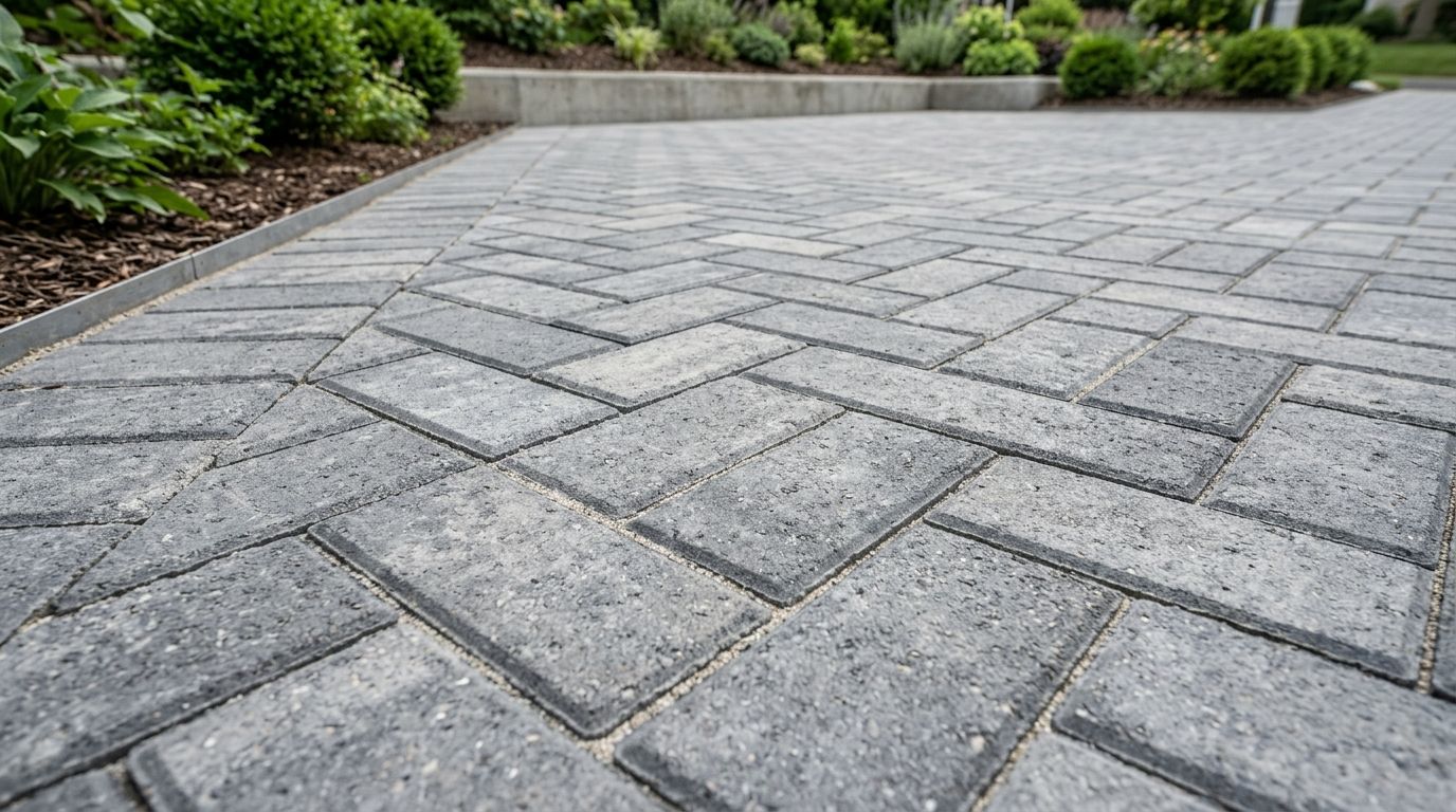 Close-up of a paved outdoor patio with grey stone pavers, a tan brick walkway, a stone wall, and manicured green hedges.