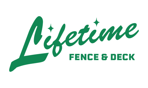 The logo for lifetime fence and deck is green and white.