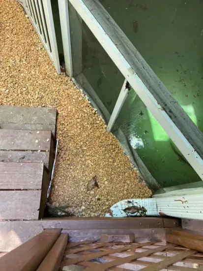 Narrow gravel walkway beside a green wall, viewed from a wooden deck and white railing above.