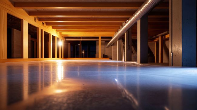 Empty unfinished interior with wooden beams, concrete columns, and a polished floor reflecting warm light