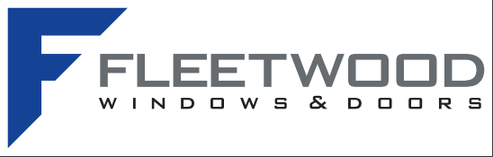 The fleetwood windows and doors logo is blue and gray