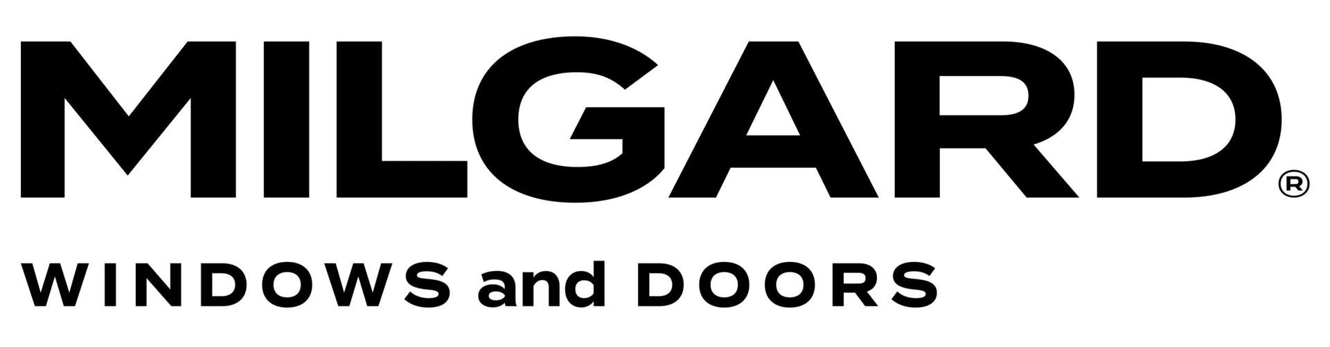 The logo for milgard windows and doors is black and white.