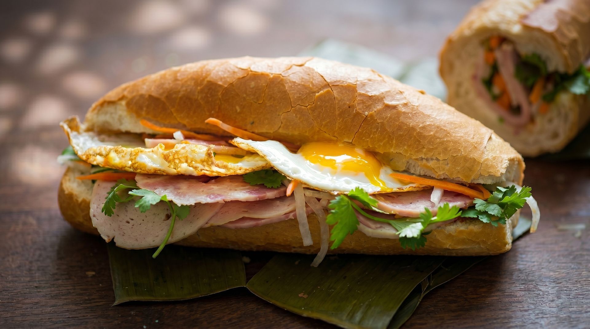 Sandwich with fried eggs, greens, and meat on a dark table, with a blurred wrap in the background