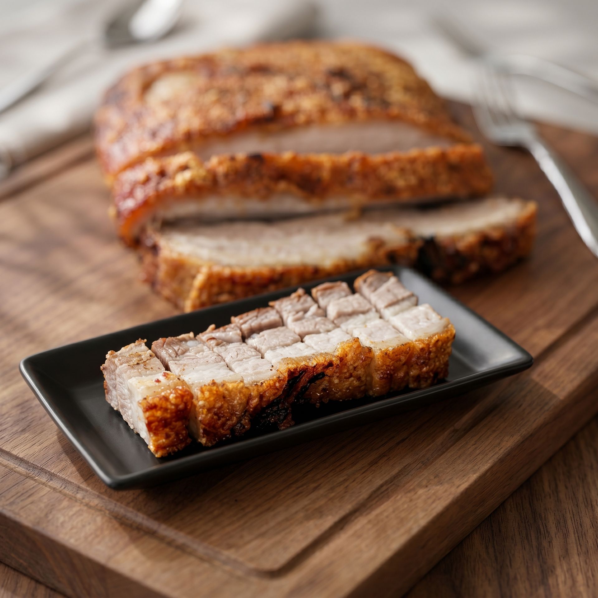 Sliced pork roast on a black platter atop a wooden cutting board, with the roast in the background