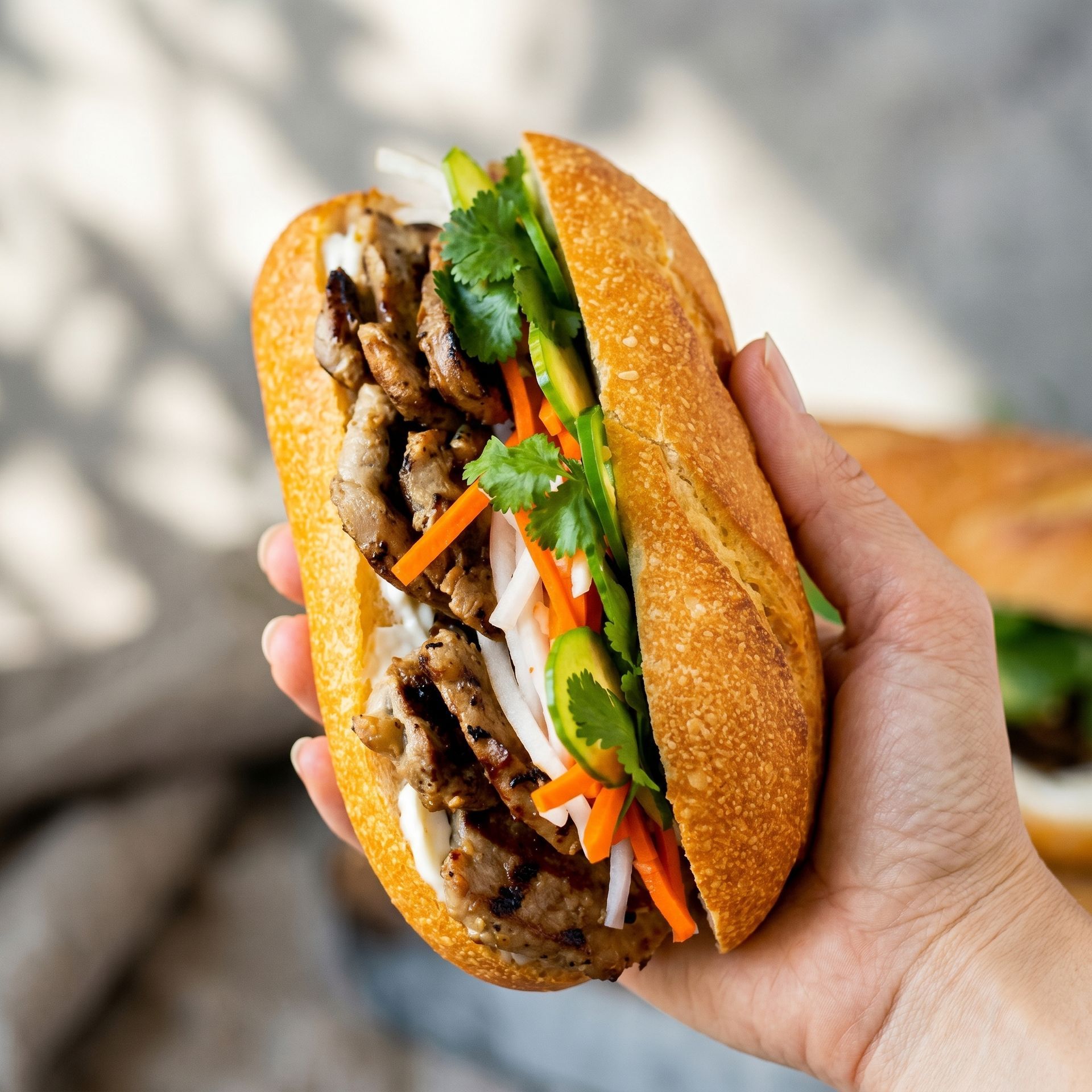 Hand holding a sandwich with grilled meat, cucumber, carrot, and herbs on a crusty bun.