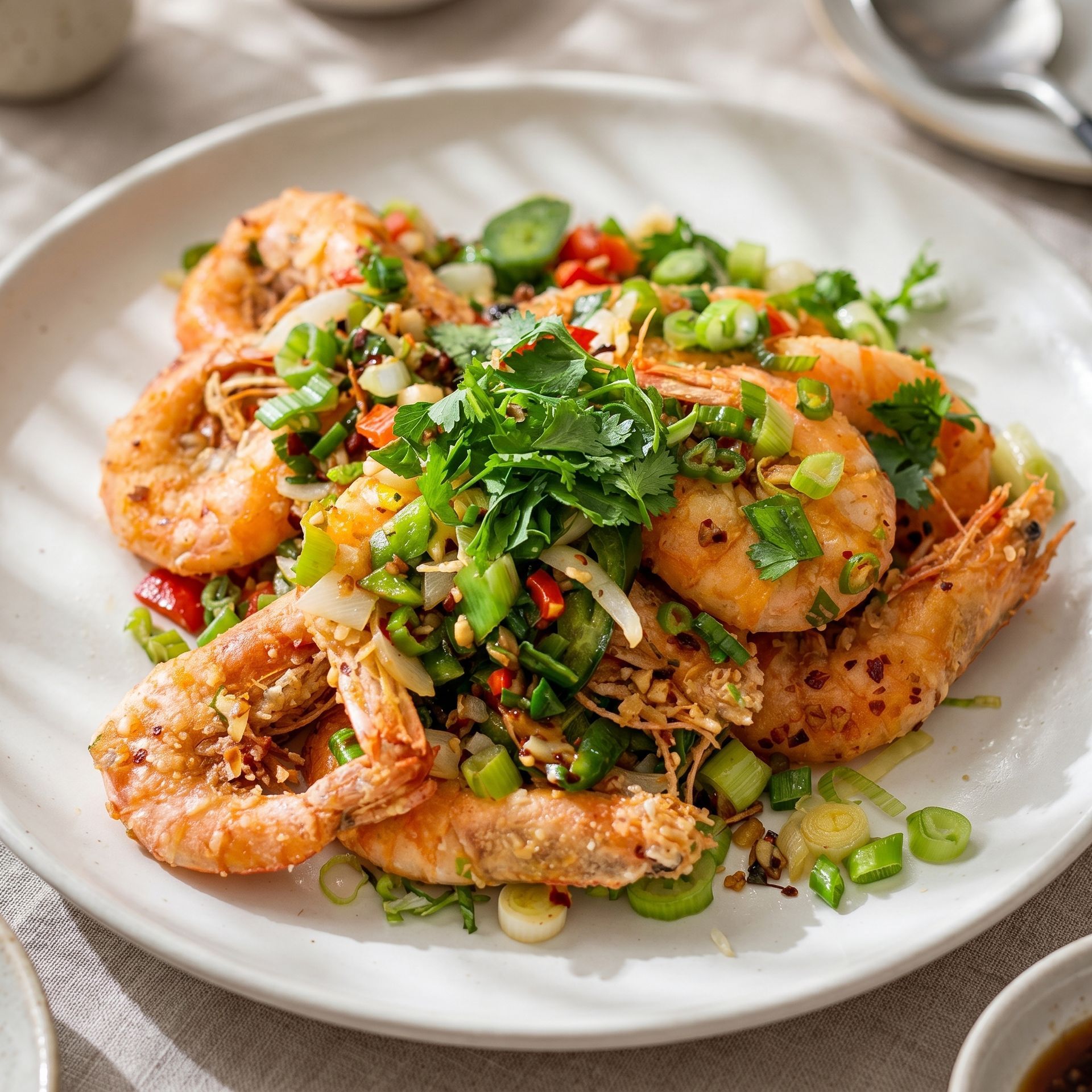 Plated shrimp with green garnish, chilies, and herbs on a white dish