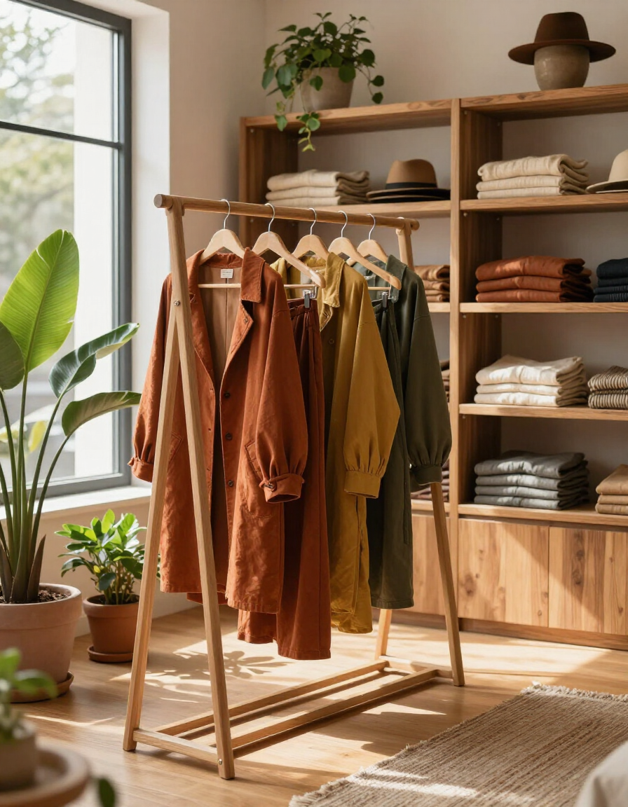 Warm boutique interior with curated clothing rack, plants, and natural wood shelving