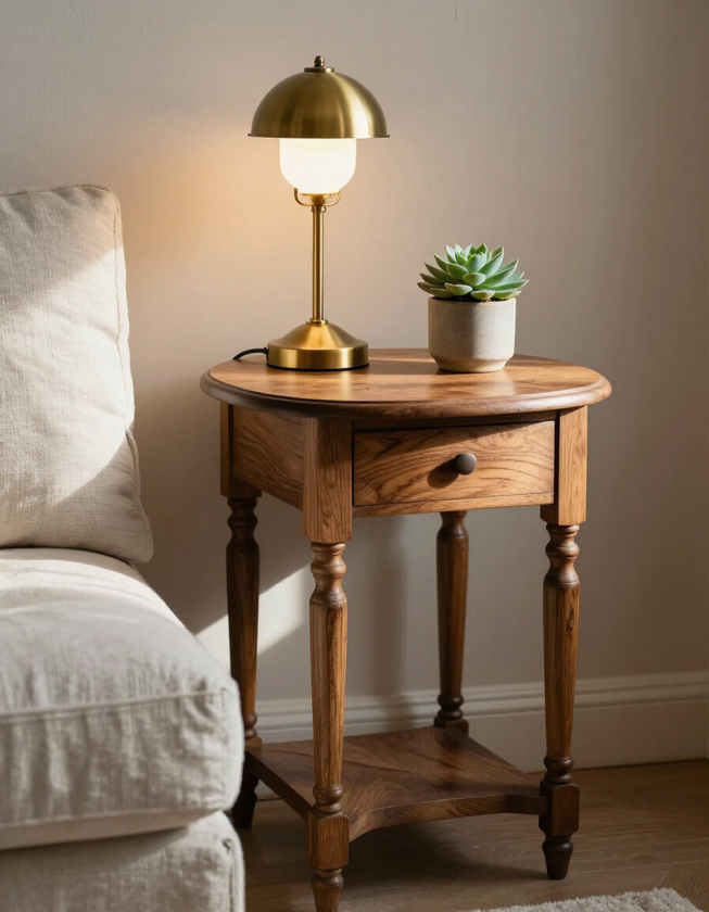 Vintage oak side table with linen chair and brass lamp