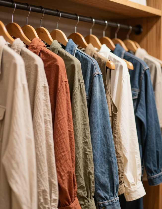 Curated rack of vintage apparel in earth tones