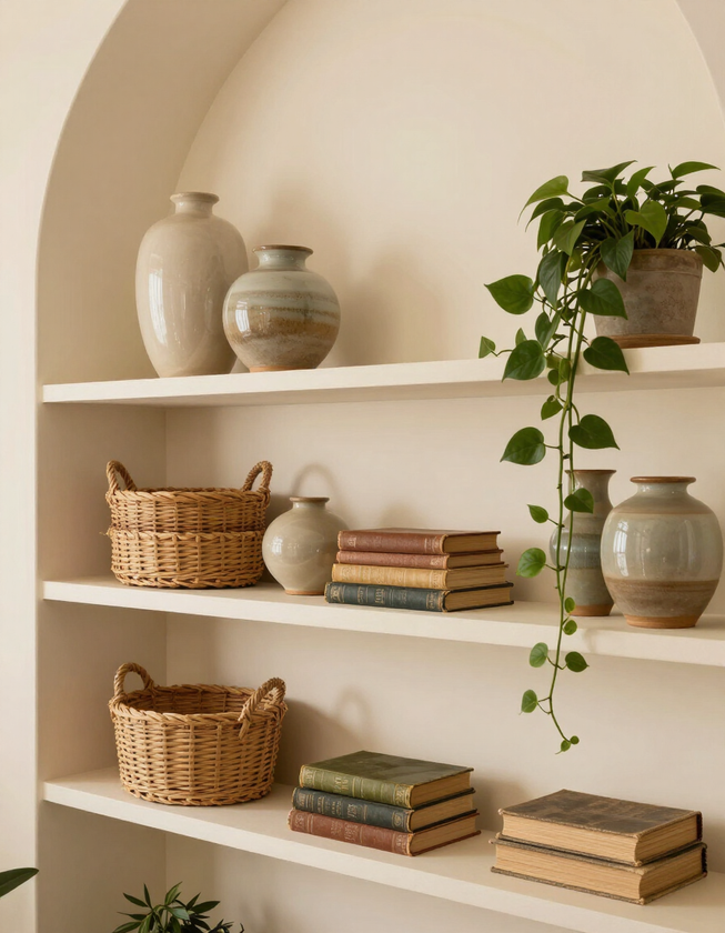 Styled shelf with ceramic vases, woven baskets and vintage books