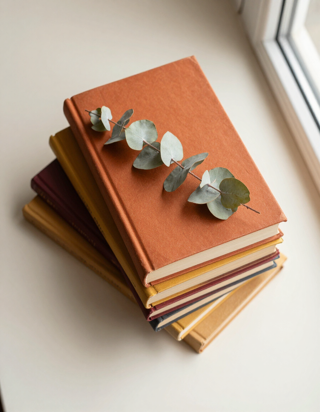 Stack of books with dried eucalyptus sprig overhead view