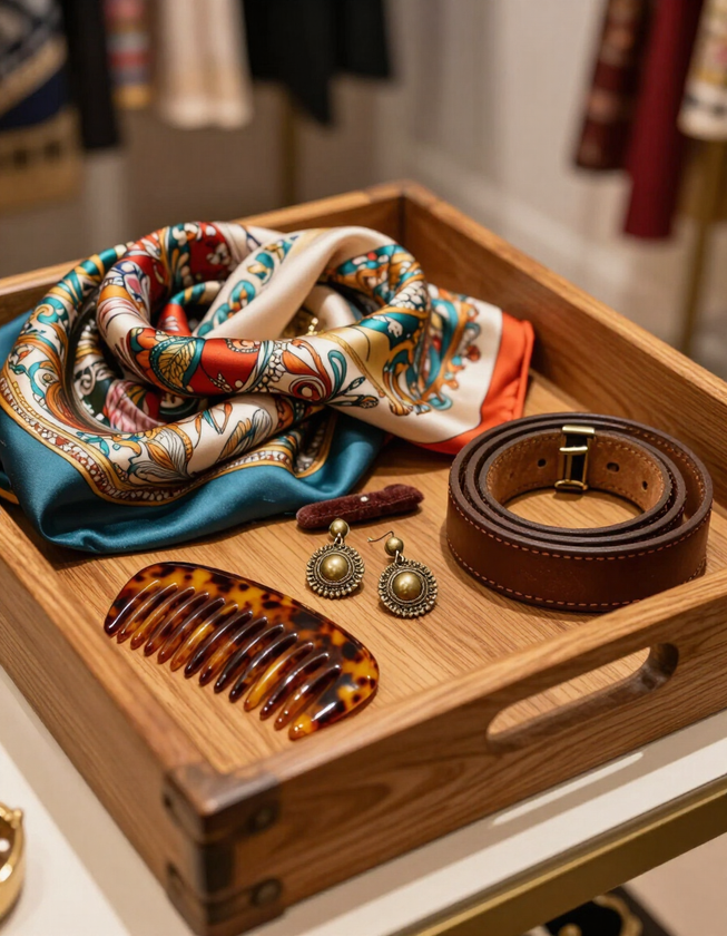 Wooden tray with vintage silk scarves, brass earrings and leather belt