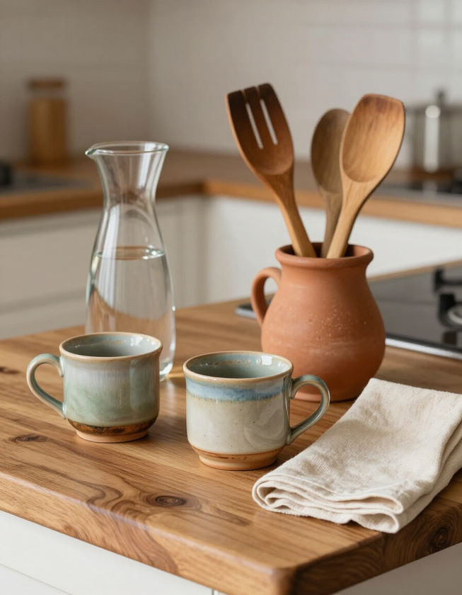 Vintage ceramic mugs, glass carafe and wooden utensils on butcher block
