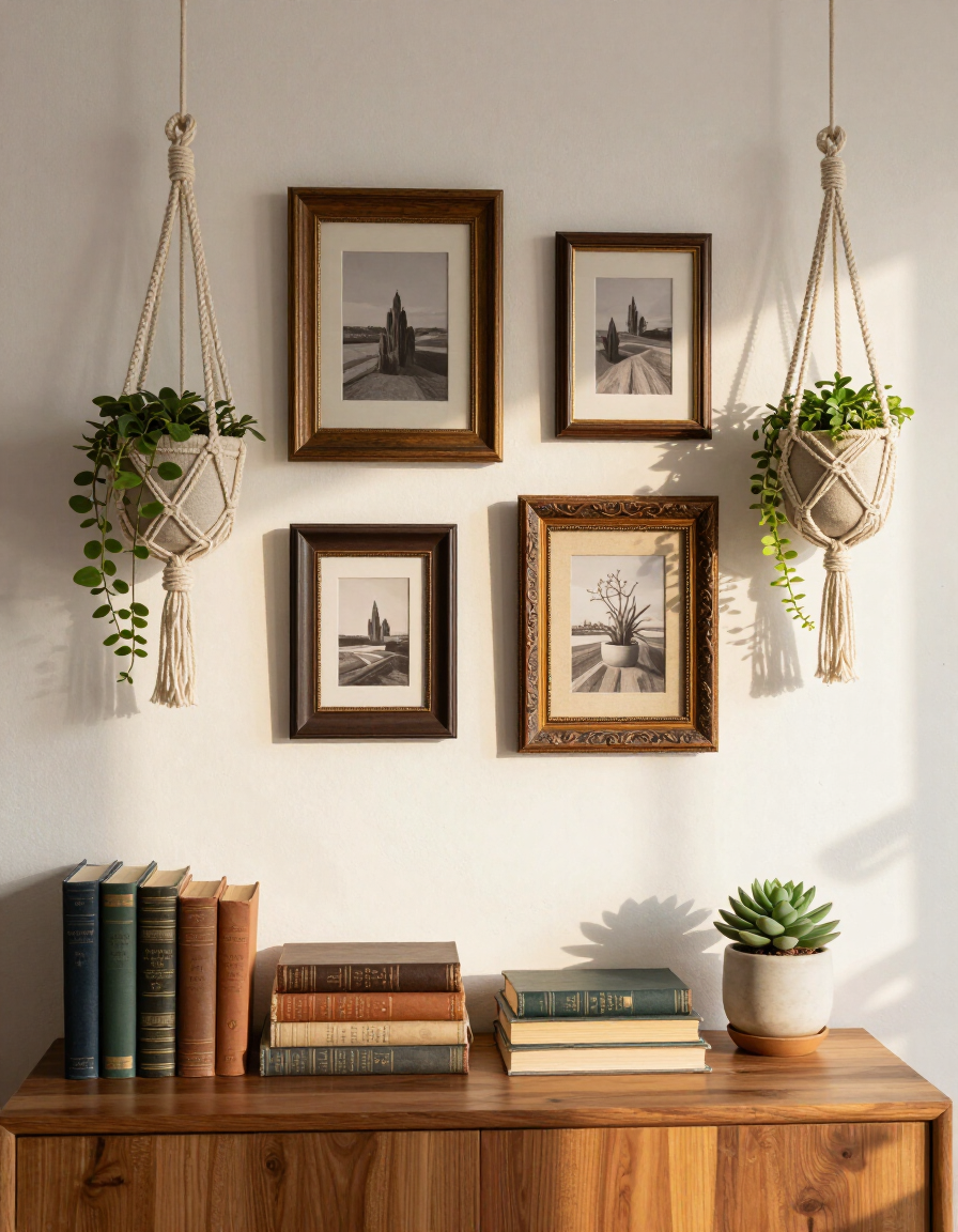 Curated boutique interior with vintage frames and plants