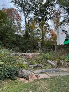 Tree stump is sitting in the middle of a yard next to a tractor — Pittsburgh, PA — Leitzell Tree Service LLC