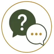 Two overlapping speech bubbles with a question mark and ellipsis inside a gold circle