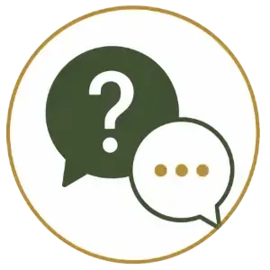Two overlapping speech bubbles with a question mark and ellipsis inside a gold circle