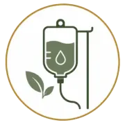 IV bag with droplet and leaf icon in green inside a gold circle