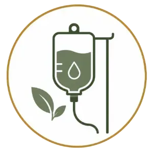 IV bag with droplet and leaf icon in green inside a gold circle