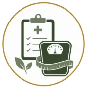Health icon with clipboard checklist, green scale, and leaf inside a gold circle