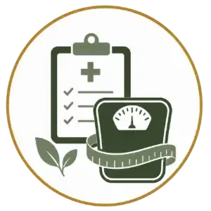 Health icon with clipboard checklist, green scale, and leaf inside a gold circle