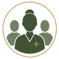 Three-person group icon in green and gold with a plus sign