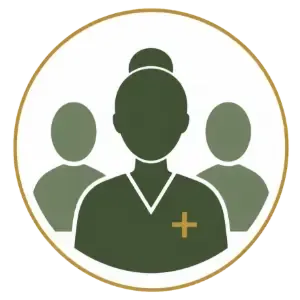Three-person group icon in green and gold with a plus sign